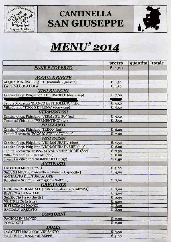 Menu Cantinella San Giuseppe